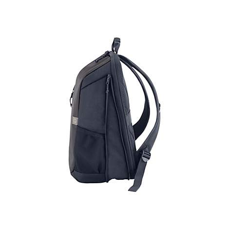 Dunkelgrauer Rucksack im Profil, mit Trägern und seitlicher Netztasche.