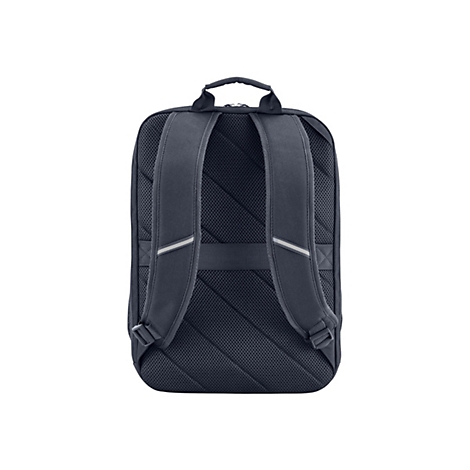 Dunkelblauer Rucksack-Rückseite mit gepolsterten Trägern und reflektierenden Streifen.