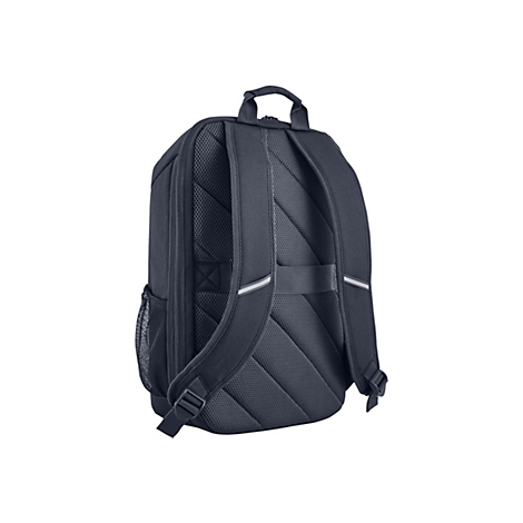 Dunkelblauer Rucksack, Rückseite mit gepolsterten Trägern und reflektierenden Streifen. Netzseitentasche.
