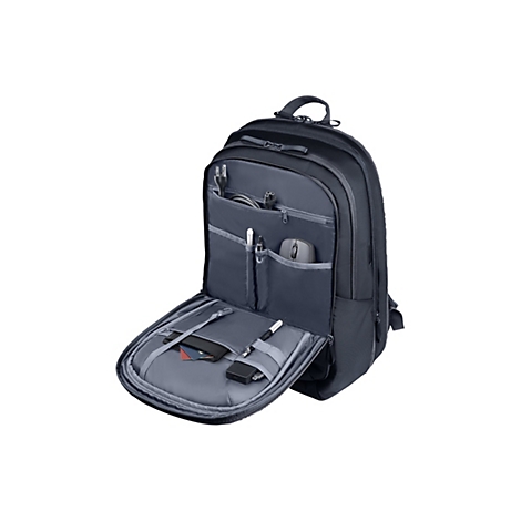Offener schwarzer Laptop-Rucksack mit organisiertem Innenfach für Kabel, Maus, Stifte und Karten.
