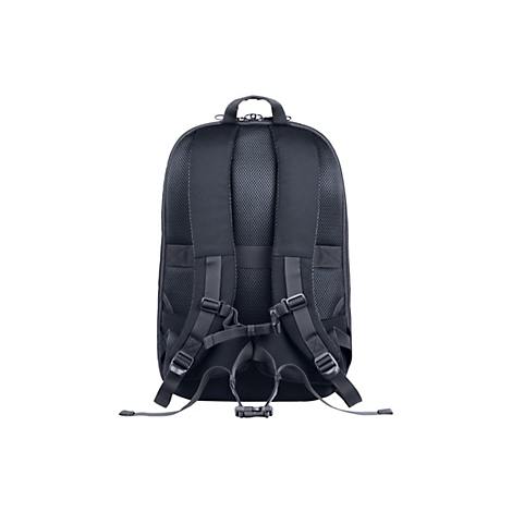 Schwarzer Rucksack von hinten, mit Schultergurten, Brustgurt und Handgriff.