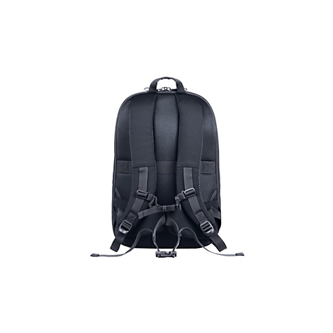 Schwarzer Rucksack von hinten, mit gepolsterter Rückseite, Trägern und Gurten. Auf weißem Hintergrund.