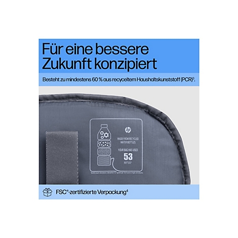 Detailaufnahme einer grauen Tasche mit Text: „Für eine bessere Zukunft konzipiert“. Ein Etikett zeigt das Logo, es wurden 53 Flaschen recycelt.