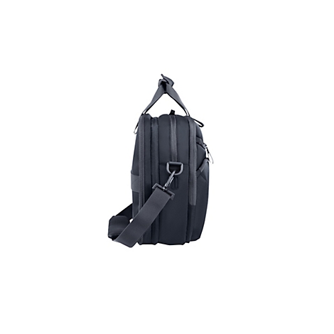 Schwarze Laptoptasche mit Tragegriffen und abnehmbarem Schultergurt vor weißem Hintergrund.