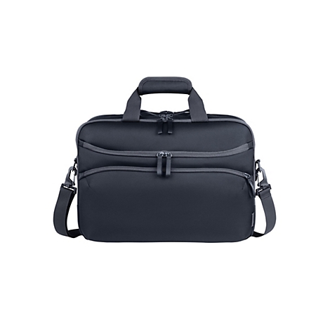 Schwarze Laptoptasche mit Tragegriffen, Reißverschlüssen und abnehmbarem Schultergurt vor weißem Hintergrund.