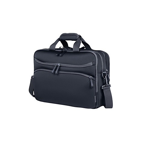 Schwarze Laptoptasche mit Tragegriffen, Reißverschlussfächern und Schultergurt vor weißem Hintergrund.