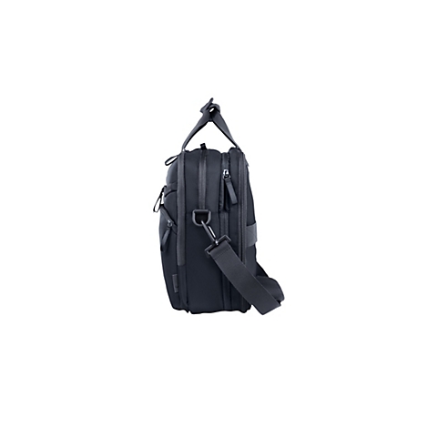 Schwarze Laptoptasche mit Tragegriffen und abnehmbarem Schultergurt in Seitenansicht vor weißem Hintergrund.