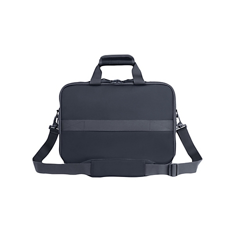 Dunkelgraue Aktentasche mit Henkel, Schulterriemen und Reißverschluss, isoliert vor weißem Hintergrund.