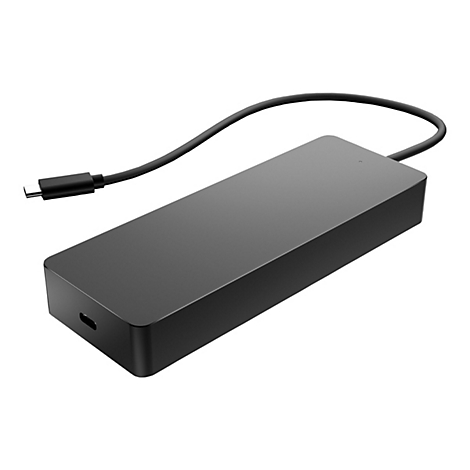 Schwarzer USB-C-Hub mit Kabel und Stecker. Rechteckiger Hub mit einer seitlichen Buchse, ansonsten glatt. Der Stecker und das Kabel sind ebenfalls schwarz.