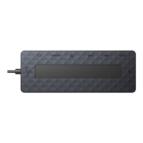 Schwarzer HP-USB-C-Hub mit HDMI- und USB-Anschlüssen. Geometrische Oberfläche, HP-Logo.