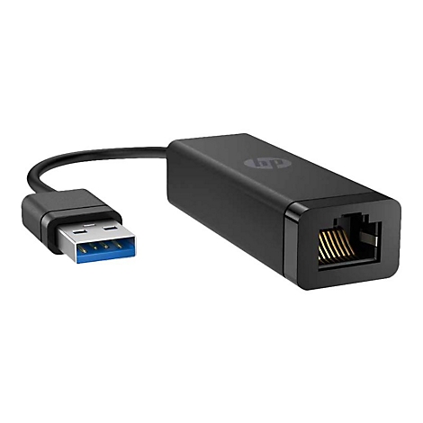 Schwarzer HP USB-A auf Ethernet Adapter mit blauem USB-Anschluss vor weißem Hintergrund.
