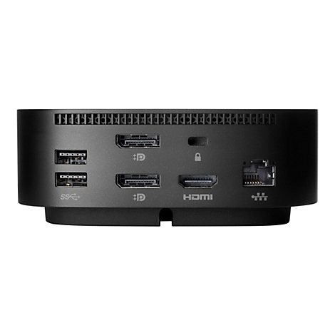 Nahaufnahme einer schwarzen Dockingstation. Es hat USB-Anschlüsse, HDMI-Anschlüsse, DisplayPort-Anschlüsse und einen Ethernet-Anschluss.