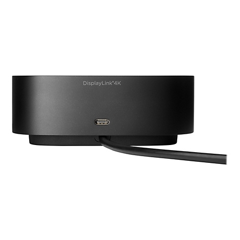 Schwarze DisplayLink 4K Dockingstation mit USB-C Anschluss und Kabel vor weißem Hintergrund.