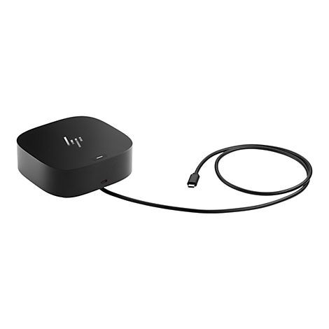 Schwarze HP Dockingstation mit USB-C-Kabel. Auf der Oberseite befindet sich ein HP-Logo.