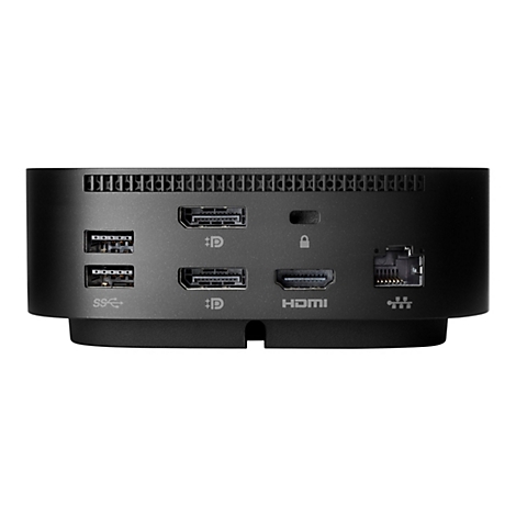 Rückseite eines schwarzen, kompakten Geräts mit Anschlüssen: USB, HDMI, DisplayPort, Ethernet.