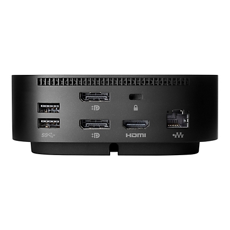 Nahaufnahme der Rückseite eines schwarzen Computers. Enthält Anschlüsse für USB, HDMI und Ethernet.