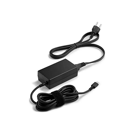 Schwarzes Laptop-Netzteil mit Kabeln und Stecker, auf weiÃŸem Hintergrund.