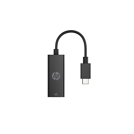 Schwarzer HP USB-C auf Ethernet Adapter auf weißem Hintergrund.