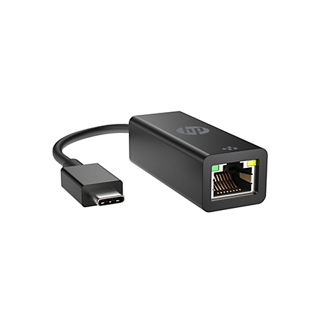 Schwarzer HP USB-C auf Ethernet Adapter auf weißem Hintergrund.