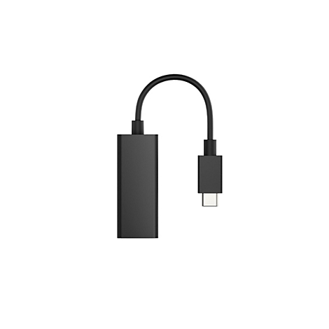 Schwarzer USB-C auf HDMI-Adapter mit kurzem Kabel vor weißem Hintergrund.