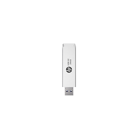 Ein weißer HP USB-Stick, senkrecht vor weißem Hintergrund. Der Stick trägt das HP Logo und die Aufschrift USB 3.2 256GB.