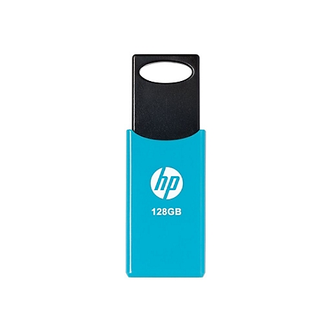 Hellblauer HP USB-Stick mit schwarzem Aufsatz. Der Stick hat das HP-Logo und die Aufschrift 128GB.
