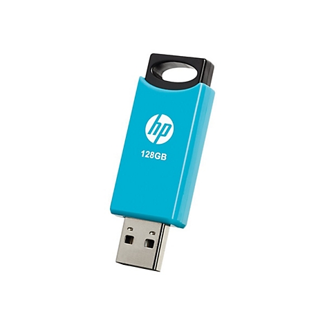 Hellblauer USB-Stick von HP mit weißem Logo und 128GB-Aufdruck.