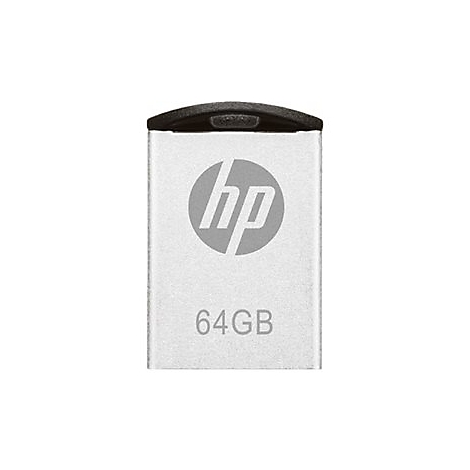 Une clé USB HP argentée avec le logo HP et l'inscription 64 Go. Le dessus est noir.