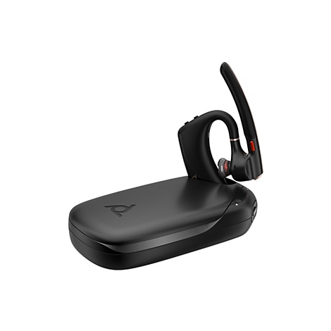 Schwarzes Bluetooth-Headset auf einer Ladestation. Das Headset hat ein Mikrofon, einen Ohrhörer und eine Steuereinheit.