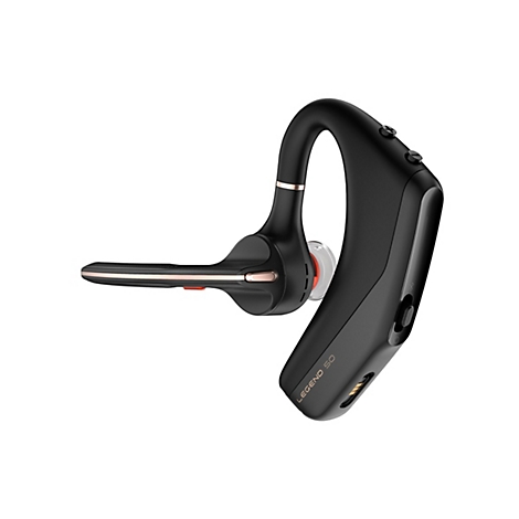 Schwarzes Bluetooth-Headset mit Mikrofonarm und roségoldenen Akzenten vor weißem Hintergrund.
