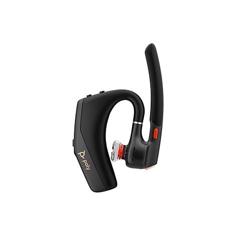 Schwarzes Bluetooth-Headset mit orangefarbenen Akzenten. Es hat ein Mikrofon, einen Knopf und das Poly-Logo.