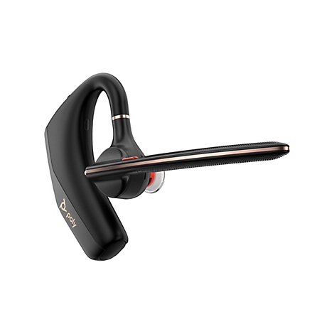 Schwarzes Bluetooth-Headset von Poly mit goldfarbenen Akzenten vor weißem Hintergrund.