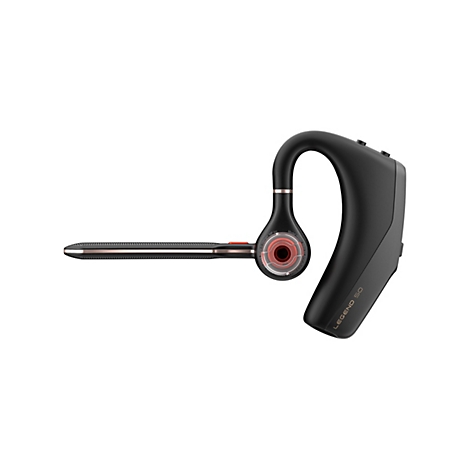 Schwarzes Bluetooth-Headset Modell Legend 50 mit rosegoldenen Akzenten vor weißem Hintergrund.