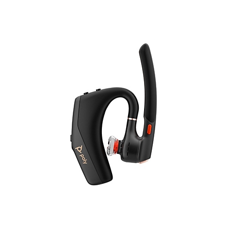 Schwarzes Poly Bluetooth-Headset vor weißem Hintergrund mit goldenem Logo und roter Taste am Mikrofonarm.