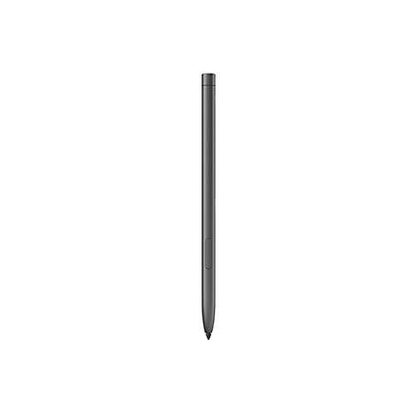 Ein grauer Stylus-Stift vor weißem Hintergrund. Der Stift hat eine längliche Form, mit einer abgerundeten Spitze und einer schmalen Taste.