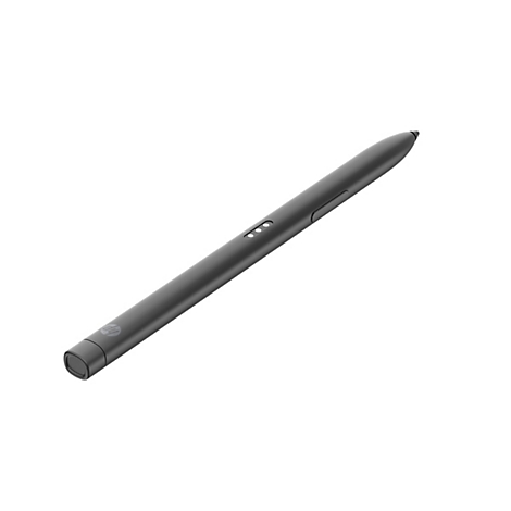 Dunkelgrauer Stylus-Stift mit HP Logo, drei kleinen LED-Lichtern und einer Spitze. Der Stift liegt diagonal vor weißem Hintergrund.