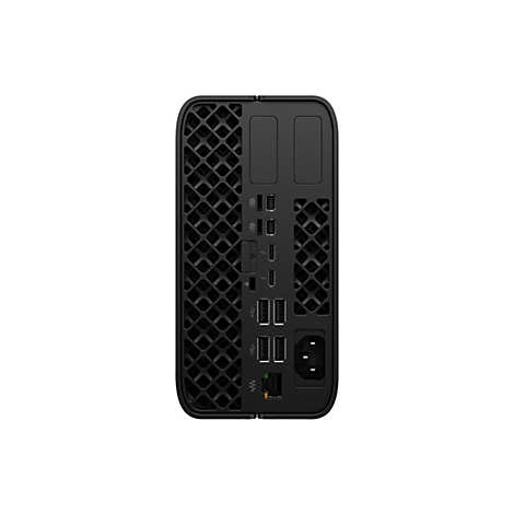 Rückansicht eines schwarzen Desktop-Computers mit Anschlüssen. Oben zwei Schlitze, darunter USB- und andere Ports.