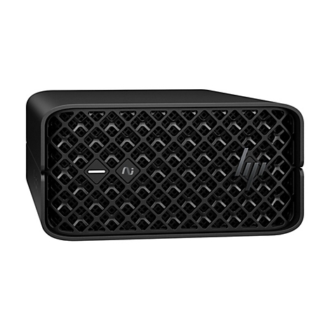 Schwarzer HP-Mini-PC, Frontansicht mit gitterartiger Oberfläche und Logo.