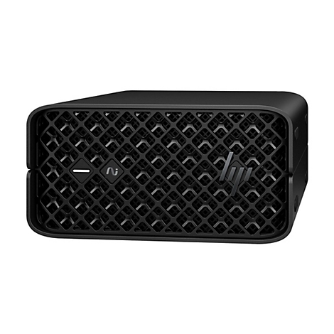 Schwarzer PC-Würfel mit Gittermuster, HP-Logo. Oben rechts ist das Logo. Unten links sind zwei Symbole.