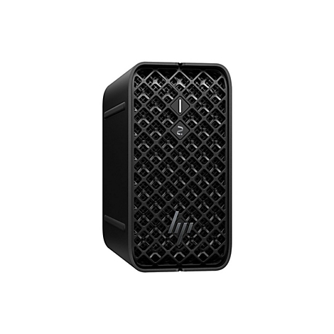 Schwarzer, rechteckiger Desktop-PC mit wabenförmigem Design. HP-Logo unten.