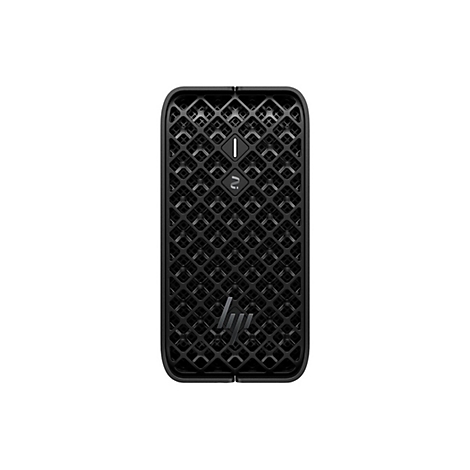 Schwarzer Mini-PC mit Gittermuster, HP-Logo unten.