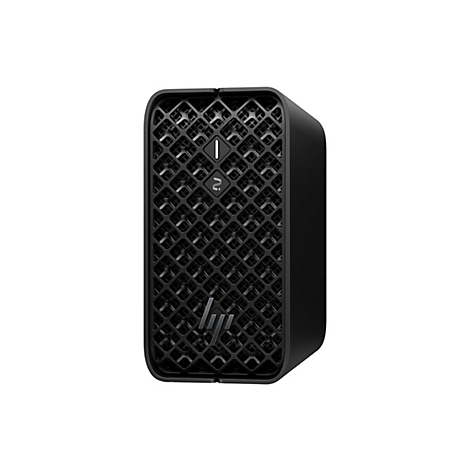 Schwarzer Desktop-PC mit Gitterstruktur, HP-Logo unten. Oben befinden sich Anzeigen.