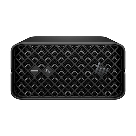Schwarzer Mini-PC mit Gittermuster. HP-Logo rechts unten.