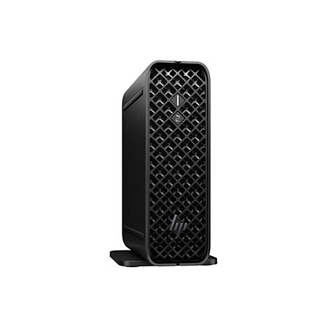 Ein schwarzer PC-Tower vor weißem Hintergrund. Die Vorderseite weist ein geometrisches Muster auf. Das HP-Logo ist unten angebracht.
