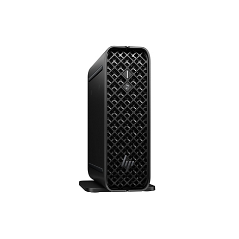 Schwarzer HP Mini-PC, Frontansicht. Gerasterte Oberfläche mit Logo, auf schwarzem Ständer. Strom- und Statusanzeige vorhanden.