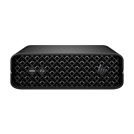 Schwarzer Mini-PC mit Lochmuster auf der Vorderseite. Auf der rechten Seite ist das HP-Logo zu sehen.