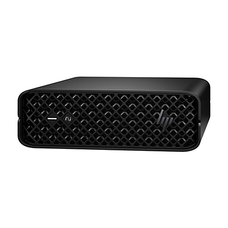 Schwarzer Mini-PC. Gittermuster, Logo, Power-Taste, abgerundete Ecken.