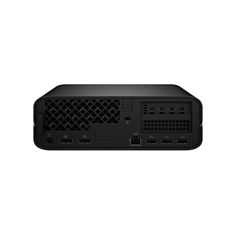 Schwarzer Computer mit verschiedenen Anschlüssen, darunter HDMI, USB und Ethernet, auf weißem Hintergrund.