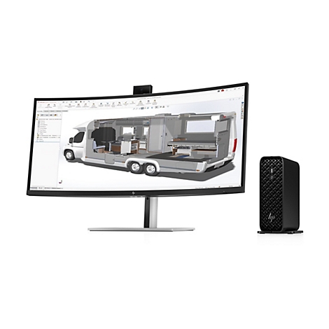 Ein gekrümmter Monitor zeigt ein 3D-Modell eines Wohnmobils. Rechts steht ein schwarzer HP Tower.
