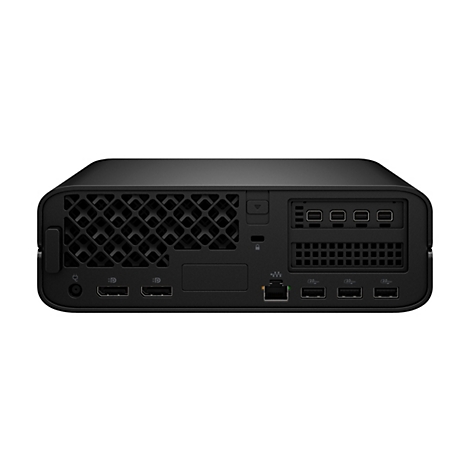Schwarzes Elektronikgerät mit diversen Anschlüssen. Rückseite mit Belüftung, USB-Ports, HDMI-Ports, und Ethernet-Anschluss.